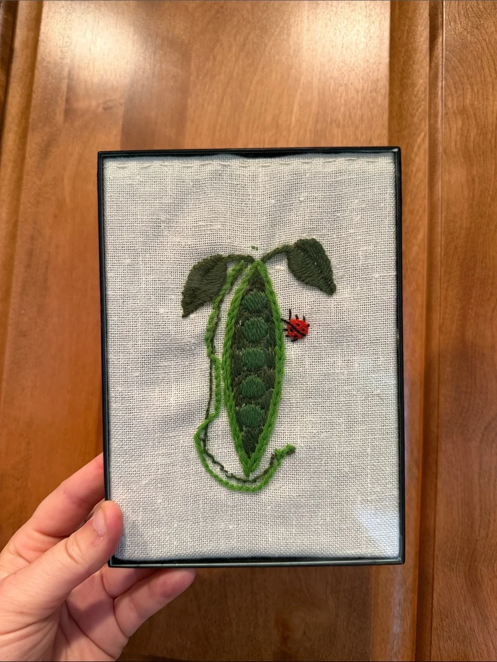 Vtg Hand-Embroidered Pea Pod Art with Ladybug Framed